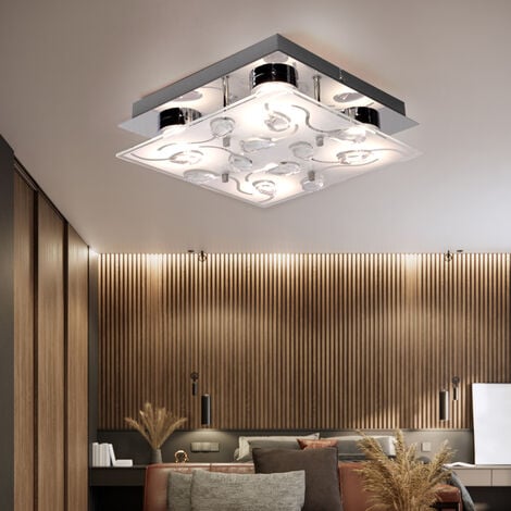 LED Deckenleuchte Wohnzimmer Deckenlampe Glas mit Kristallen chrom,  satiniert klar, 4x 5 Watt 4x 400 Lumen