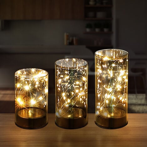 Tischleuchten Rauchglas Dekolampe LED Windlicht Glas, Schalter Timer,  Batterien, warmweiß, H 12,5-15-17,5 cm, Set 3er Set | Leuchtfiguren