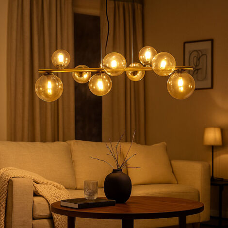 Hängelampe Pendelleuchte Esstischleuchte Kugellampe 9-flammig Glas, Amberfarben schwarz, 9x G9 LED 3W 80lm 3000K warmweiß, LxBxH 86,6x36x120 cm (1/5)