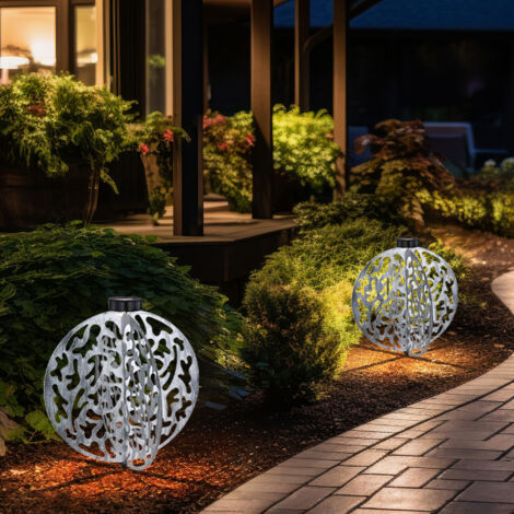 Solarlampe silber Terrassenleuchte Reto Außenlampe, LED Steckleuchte Gartendeko antik Balkon, Metall matt rund, 1x LED 3000K warmweiß, DxH 40x51cm, 2er Set