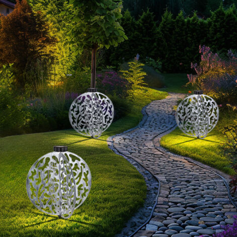Solarlampe silber Terrassenleuchte Reto Außenlampe, LED Steckleuchte Gartendeko antik Balkon, Metall matt rund, 1x LED 3000K warmweiß, DxH 40x51cm, 2er Set