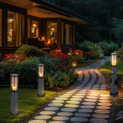 Sockelleuchte mit Steckdose und Bewegungsmelder Gartenlampe Wegeleuchte Außenstehlampe, Edelstahl anthrazit, Kunststoff rauch, E27, 3er Set