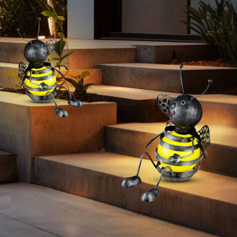 Solar Biene Außenleuchte Biene Deko Gartenfiguren für Außen Metall, Akku schwarz gelb, 1x LED 0,06 Watt, H 25 cm, Garten, 2er Set