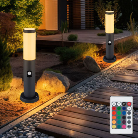 Außenstehlampe mit Bewegungsmelder Gartenlampe Edelstahl LED Wegeleuchte dimmbar mit Fernbedienung anthrazit Außenleuchte, RGB Farbwechsel, 8,5W 806lm warmweiß, DxH 12,7 x 45 cm, 2er Set