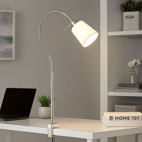 Tischlampe Klemmleuchte mit Schwanenhals Tischleuchte Leselampe, nickel matt, Textil weiß, 1x E14, BxH 11 x 60 cm