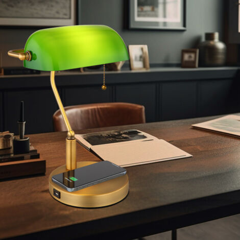 Schreibtischleuchte Bankerlampe Tischlampe altmessing Glas grün Leseleuchte, kabelloses Laden USB Anschluss, Zugschalter, 1x E27, LxH 26,5x36 cm