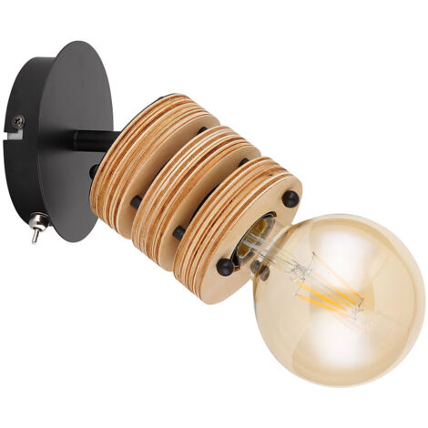 Wandlampe Landhausstil MDF Holz Wandleuchte Holzlampe Wohnzimmerleuchte mit beweglichem Spot, Metall schwarz braun, 1x E27, BxH 12x17,5 cm