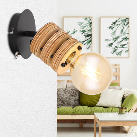 Wandlampe Landhausstil MDF Holz Wandleuchte Holzlampe Wohnzimmerleuchte mit beweglichem Spot, Metall schwarz braun, 1x E27, BxH 12x17,5 cm