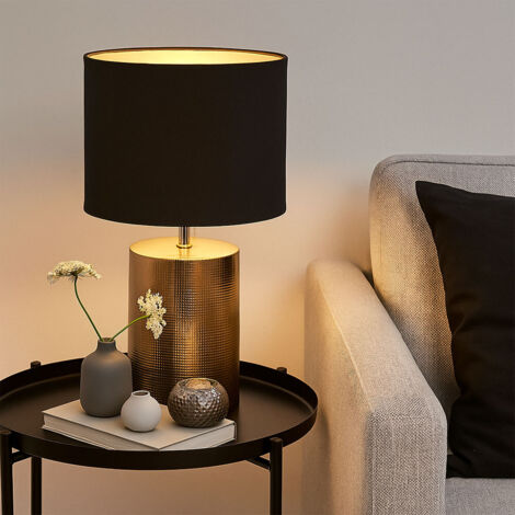 Tischlampe Wohnzimmer Tischleuchte Keramik Nachttischlampe bronze, Textilschirm, 1x E27 Fassung, DxH 24x43 cm