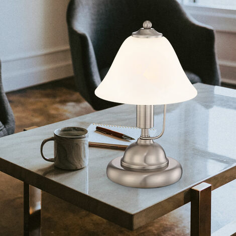 Tischleuchte Touch Nachttischleuchte Alabaster Glas Tischlampe  Schlafzimmer, Nickel matt, 1x LED 5W 350Lm warmweiß, DxH 17x27