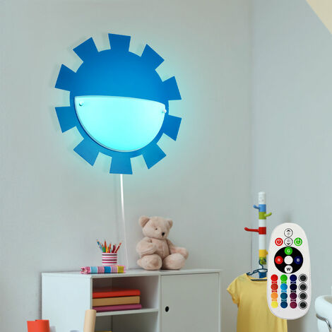 Kinderzimmerleuchte Spielzimmerlampe Wandleuchte Wandlampe Kinderleuchte,  Fernbedienung dimmbar Memory Stahl Glas weiß blau, 1x RGB LED 3,5W 200Lm