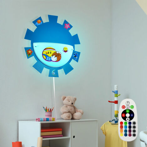 Kinderzimmerleuchte Spielzimmerlampe Wandleuchte Wandlampe Kinderleuchte,  Fernbedienung dimmbar Memory Sticker Stahl Glas weiß blau, 1x RGB LED 3,5W