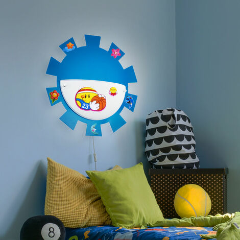 Kinderzimmerleuchte Spielzimmerlampe Wandleuchte Wandlampe Kinderleuchte,  Fernbedienung dimmbar Memory Sticker Stahl Glas weiß blau, 1x RGB LED