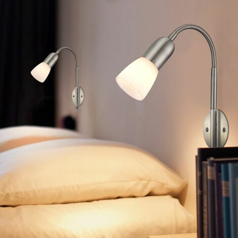 Wandleuchte Leselampe Flexo Wandleuchte Schlafzimmer Bett Wandlampe mit  Kabel für Steckdose, Spot beweglich, Metall Nickel Glas
