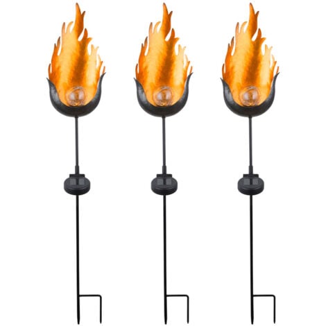 3er Set LED Solar Außen Steck Leuchten Balkon Glas Kugel Lampen Feuer Flammen Effekt Erdspieß