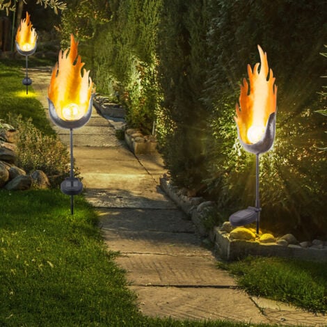 3er Set LED Solar Außen Steck Leuchten Balkon Glas Kugel Lampen Feuer Flammen Effekt Erdspieß