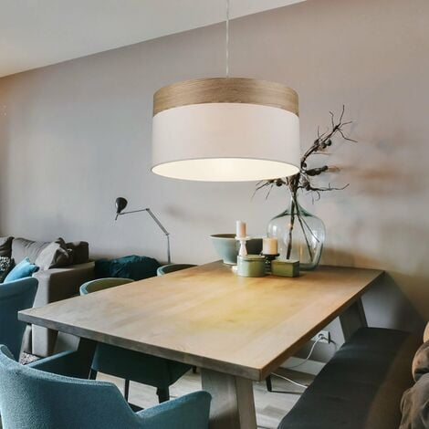 Hängeleuchte Wohnzimmer Pendelleuchte Esstischlampe Küchenleuchte  Holzoptik, Textil weiß, 1x E27, DxH 40x120 cm