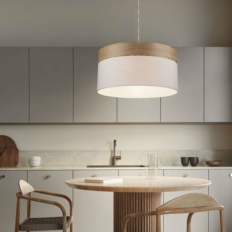 Hängeleuchte Wohnzimmer Pendelleuchte Esstischlampe Küchenleuchte  Holzoptik, Textil weiß, 1x E27, DxH 40x120 cm