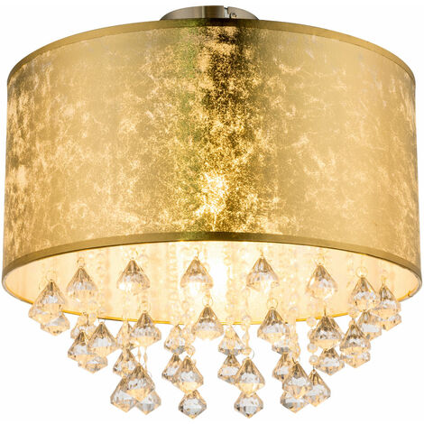 Decken Lampe Schlaf Gäste Zimmer Stoff Schirm Kristall Leuchte Blatt-Gold  Design im Set inkl. LED