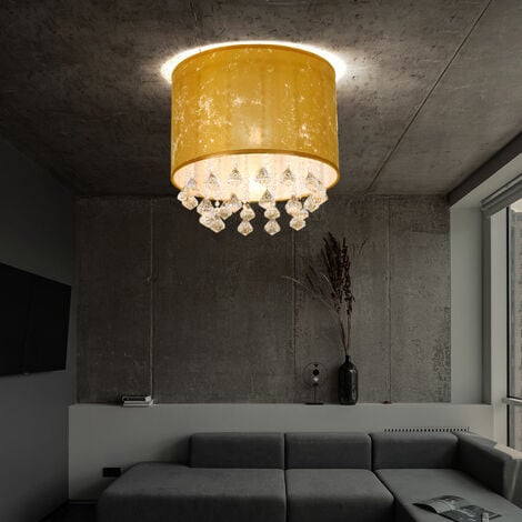 Decken Lampe Schlaf Gäste Zimmer Stoff Schirm Kristall Leuchte Blatt-Gold  Design im Set inkl. LED