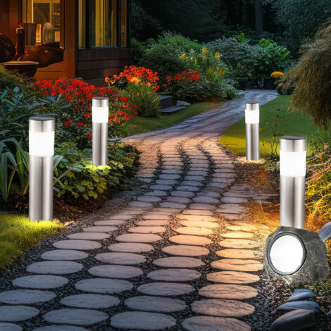 5er Set Solar Steck Lampe Garten Steh Leuchten Stein Spot Deko Edelstahl Steh Strahler Beleuchtungen