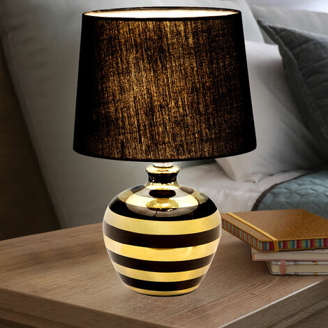 Tisch Leuchte Keramik GOLD schwarz Nacht Licht Textil Schlaf Zimmer Beleuchtung 