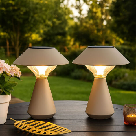 Solarlampe Tischleuchte Außenlampe sandfarben LED Gartenlampe Balkonlampe, Edelstahl, LED 3000K warmweiß, H 23 cm, 2er Set