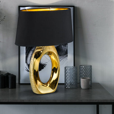 Tischleuchte Nachttischleuchte Tischlampe schwarz Keramik 38 gold Schreibttischleuchte, DxH Textil, cm 20 x 1x E27