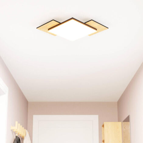 LED Deckenleuchte Holz Wohnzimmerleuchte Holzoptik Deckenlampe Platten tauschbar, Stahl Kunststoff, 12W 1150lm warmweiß, LxBxH 43x43x6 cm