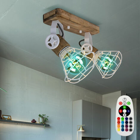 dimmbar, Deckenlampe Fernbedienung Holz RGB 2x 4,8W schwenkbar Metall 470Lm Deckenleuchte Wandleuchte Industriell, weiß, LED