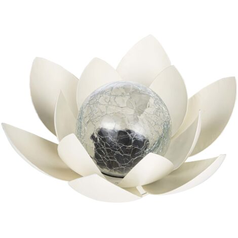 LED Lotusblume Gartendeko Solarlampe Außenleuchte Solarleuchte Tischlampe, Metall weiß Crackle-Glas, DxH 27,6 x 12 cm