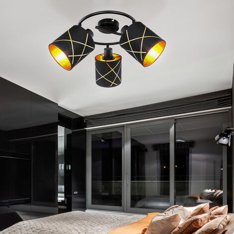 schwarz-gold Wohnzimmer Deckenleuchte Metall Deckenrondell 3-flammig Metall Deckenlampe Textil, 3x E27, mit beweglichen Spots,