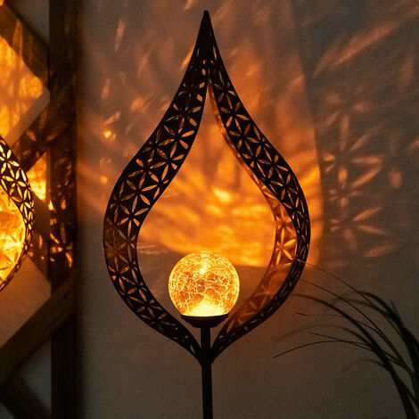 1x LxH Flammen- LED rost Design, 17, Solarstecker Crackle 3000K, Gartendeko, für Außen Solarlampe Glaskugel, Garten