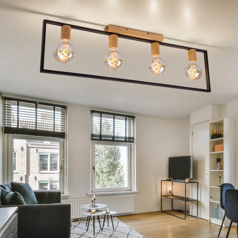 Deckenleuchte Deckenlampe Wohnzimmerleuchte Küchenlampe, Metall schwarz  Holz braun, 4 Flammig, E27, L 90 cm
