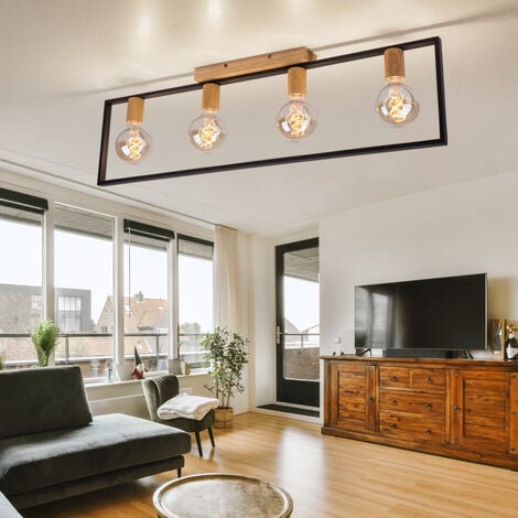 Deckenleuchte Deckenlampe Wohnzimmerleuchte Küchenlampe, Metall schwarz  Holz braun, 4 Flammig, E27, L 90 cm