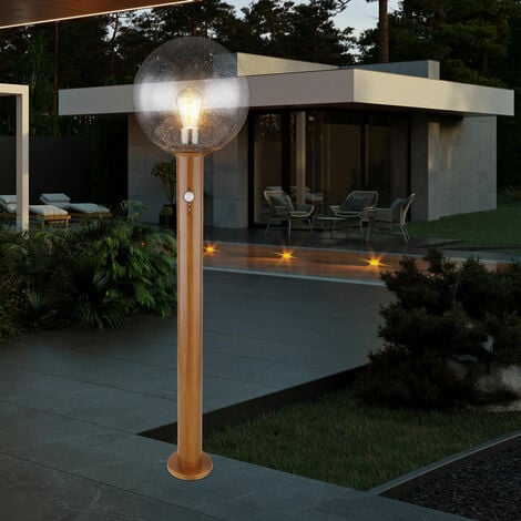 Gartenleuchte mit Bewegungsmelder Glas, E27 Stehlampe DxH Außenleuchte Fassung, Standleuchte Holzoptik, 25x100 Terrassenlampe, braun, moderne Alu