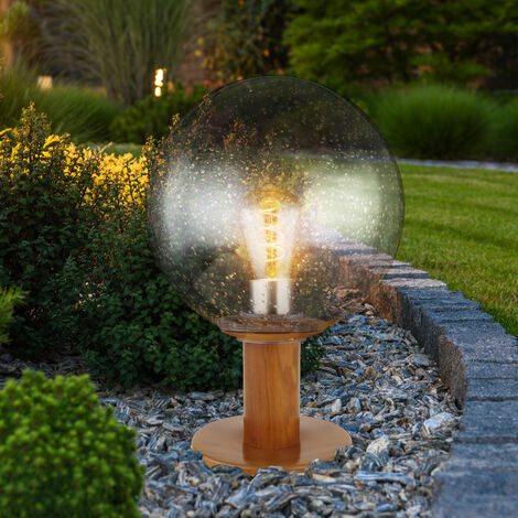 Garten Außenbeleuchtung Sockelleuchte Außen E27 Außenlampe Stehlampe, Alu  Holzoptik Glaskugel, Blasen-Optik, 1x E27 Fassung, DxH