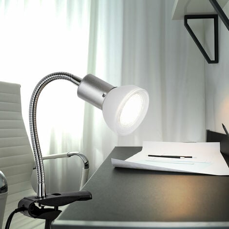Klemmlampe weiß Klemmleuchte Klemmlampe LED mit Stecker, Tischleuchte  Leselampe, Spot beweglich, Metall titanfarben Glas weiß, 1x