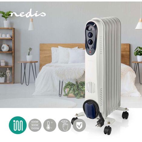 Mobiler Heizkörper Ölheizung Radiator Heizgerät mit Rollen, Thermostat Stolperschutz, weiß, 3 Stufen 600/900/1500 Watt, BxHxT 24x62x31 cm, Nedis HTOI30WT7