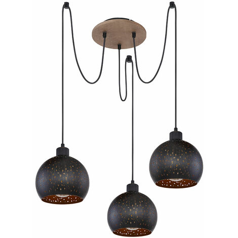 Pendelleuchte HWC-H83, Hängelampe Hängeleuchte, Industrial Vintage Massiv-Holz Metall Schwarz 3 Spotlampenschirme P86382 X2