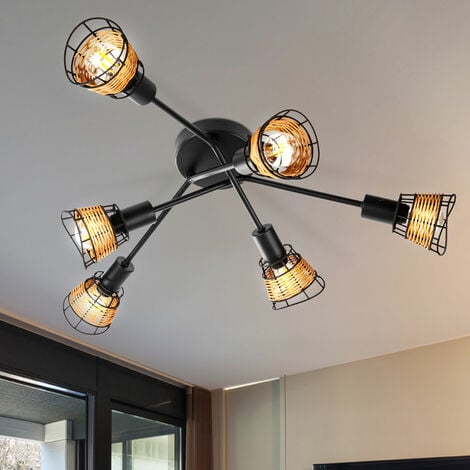 Deckenleuchte Rattan Deckenlampe 6 Flammig Deckenlampe Wohnzimmer,  Industriell Metall schwarz braun, 6x E14 Fassungen, DxH 9x60cm | Deckenstrahler