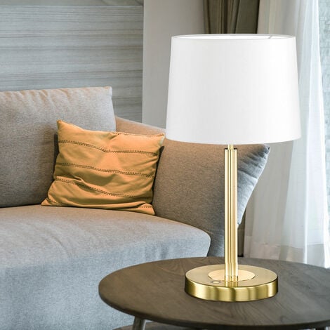 LED Tischleuchte dimmbar Nachttischleuchte Textilschirm weiß Tischlampe  Messing matt, 1x 13,4W 1200Lm warmweiß, DxH 25x49
