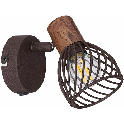 Wandleuchte Wandlampe Schlafzimmerleuchte, Landhausstil, Holzoptik, Strahler beweglich, Gitterschirm, Metall, rost braun, 1x E14, LxBxH 13x8x12 cm