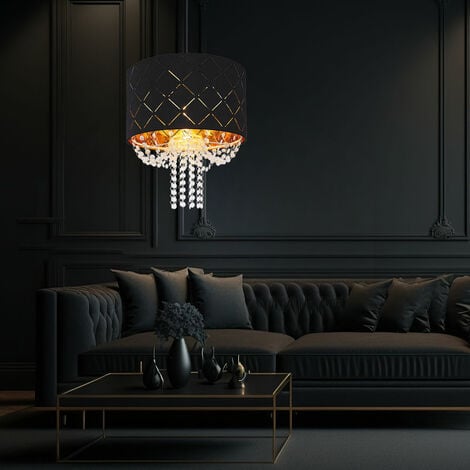 Pendelleuchte Hängelampe Deckenleuchte Stoff Wohnzimmer hängend mit  Kristallbehang, Lichteffekt Samt schwarz, gold, 1x E27, DxH 35 x 150 cm