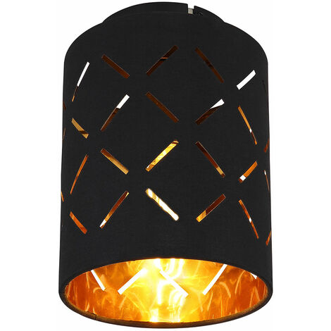 Deckenleuchte Wohnzimmerlampe schwarz gold Deckenlampe Stoff mit  Dekorlinien, Metall Textil, 1x E27 Fassung, DxH 15x 21