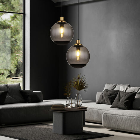 Pendelleuchte Hängelampe Glas modern Rauchglas Hängeleuchte schwarz, Metall Glaskugel messing Retro, 1x E27 Fassung, DxH 25x120 cm, 2er Set
