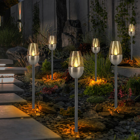 Außenleuchte Solarlampe Steckleuchte, Gartenfackel mit Feuereffekt, Terrassenlampe, integrierter Akku, Metall, schwarz, LED, DxH 6x38cm, 6er Set