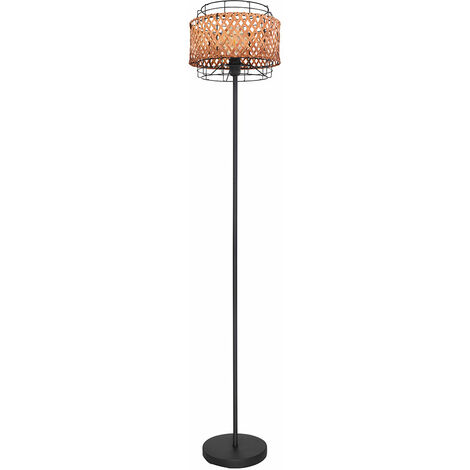 Standleuchte Stehlampe Bambus Stehleuchte schwarz E27, Holz Fußschalter, mit 1x Metall Beistelllampe rund, DxH Gitter Schlafzimmer