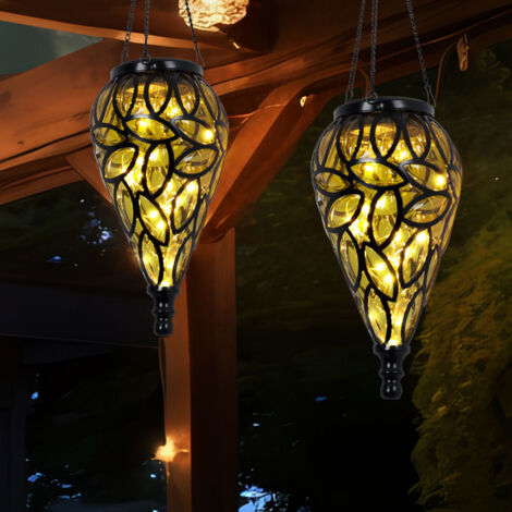 Solarlampen für Außen hängend Gartendeko für draußen Hängeleuchte Balkon antik, Akku IP44 Wetterfest, Metall schwarz amber, 1x LED 3200K, DxH 13,5x50cm, 2er Set
