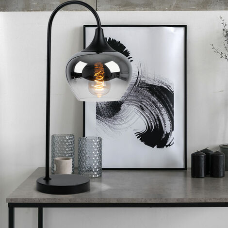 Tischleuchte Tischlampe rauch Leseleuchte Lampe Glaskugel rauchfarben Schlafzimmer, Metall schwarz, 1x E27 Fassung, LxBxH 27,5x18x54 cm